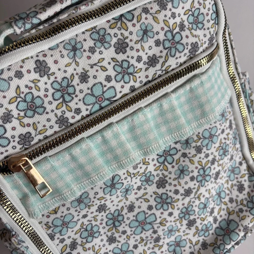 Kids Mint Blue Floral Gingham Insulated Lunch Bag Ruffles Back to School NEW‎